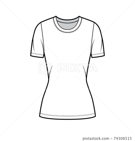Crew neck jersey t-shirt technical fashion illustration with short sleeves, close-fitting shape, tunic length Crew neck jersey t-shirt technical fashion illustration with short sleeves, close-fitting shape, tunic length 74308515