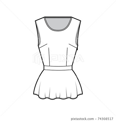 Peplum hem top technical fashion illustration with bonded round neck, sleeveless, fitted body, side zip fastening. Peplum hem top technical fashion illustration with bonded round neck, sleeveless, fitted body, side zip fastening. 74308517