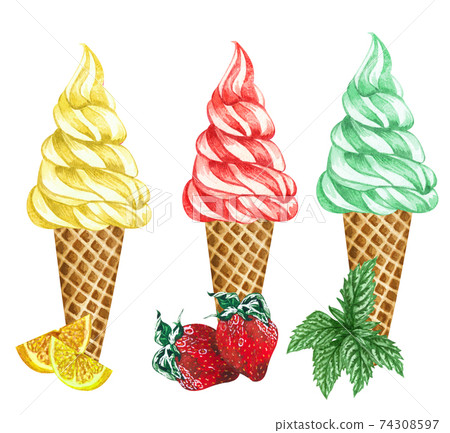 Watercolor set of ice cream cones. Hand drawn illustration of lemon, strowberry and mint ice creams in a waffle cone together with fruints 74308597