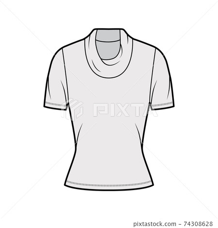 Cowl turtleneck jersey sweater technical fashion illustration with short sleeves, close-fitting shape. Cowl turtleneck jersey sweater technical fashion illustration with short sleeves, close-fitting shape. 74308628