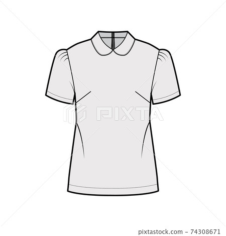 Peter Pan collar blouse technical fashion illustration with short sleeves, relaxed body, back button-fastening keyhole 74308671