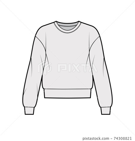 Cotton-terry sweatshirt technical fashion illustration with relaxed fit, crew neckline, long sleeves. Flat jumper Cotton-terry sweatshirt technical fashion illustration with relaxed fit, crew neckline, long sleeves. Flat jumper 74308821