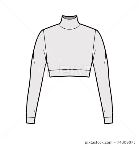 Cropped turtleneck jersey sweater technical fashion illustration with long sleeves, close-fitting shape. Flat Cropped turtleneck jersey sweater technical fashion illustration with long sleeves, close-fitting shape. Flat 74309075