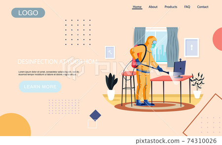 Disinfection in your home landing page temlate with sanitary worker disinfects living room Disinfection in your home landing page temlate with sanitary worker disinfects living room 74310026