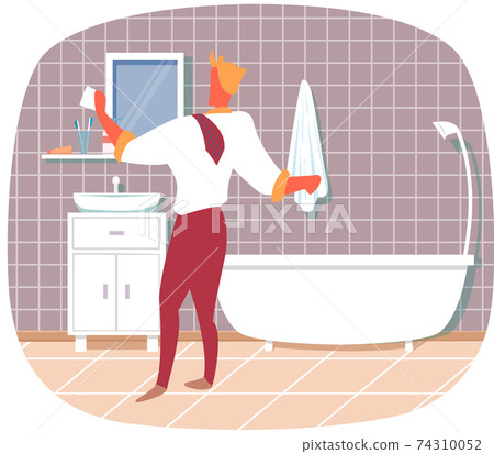 Man in bathroom going to work after shower, dressed in white shirt, red pants and tie back view Man in bathroom going to work after shower, dressed in white shirt, red pants and tie back view 74310052