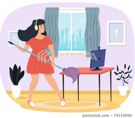 Musician sings and imagines guitar in bedroom. Girl with headphones washing floor and playing Musician sings and imagines guitar in bedroom. Girl with headphones washing floor and playing 74310090