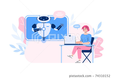 Woman chatting with chatbot robot, cartoon vector illustration isolated. Woman chatting with chatbot robot, cartoon vector illustration isolated. 74310152