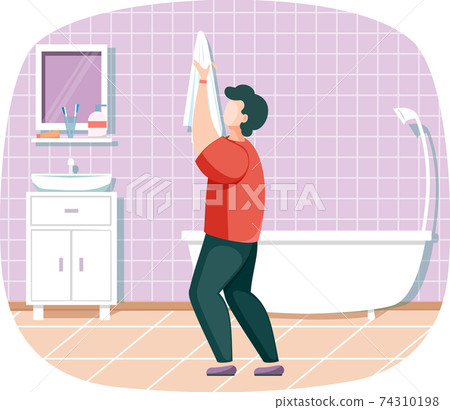Personal hygiene and cleanliness, daily body care routine, man wipes his face with towel in bathroom Personal hygiene and cleanliness, daily body care routine, man wipes his face with towel in bathroom 74310198
