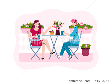 Couple on balcony or open terrace with flowers, flat cartoon vector illustration. 74310255