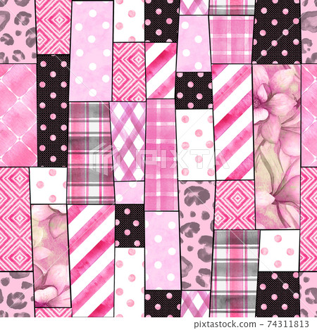 Trendy imitation sewn pieces of fabric in patchwork style. Watercolour hand drawn modern collage 74311813