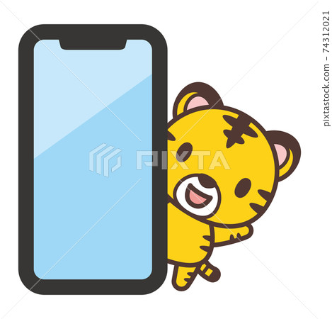從智能手機後面偷看的可愛老虎角色 74312021