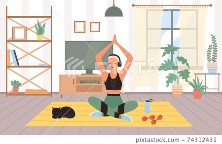 Woman sports in room. Meditation in lotus position, female doing physical exercises in house gym interior, home fitness workout with sport equipment, yoga lifestyle. Vector cartoon concept 74312431