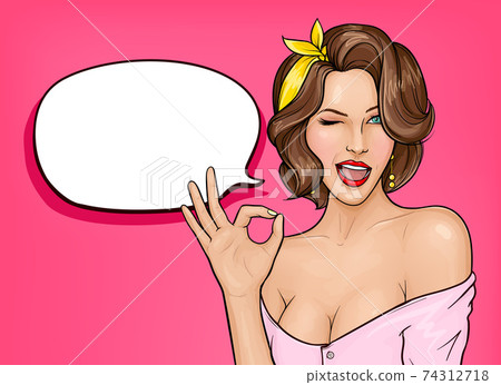 Pop art woman showing ok sign and winking Pop art woman showing ok sign and winking 74312718