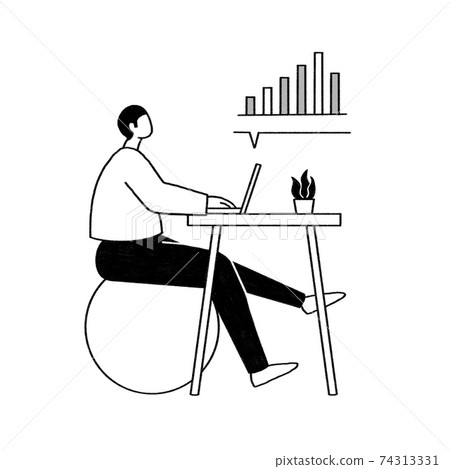 Monochrome hand-drawn illustration of a man doing remote work Monochrome hand-drawn illustration of a man doing remote work 74313331