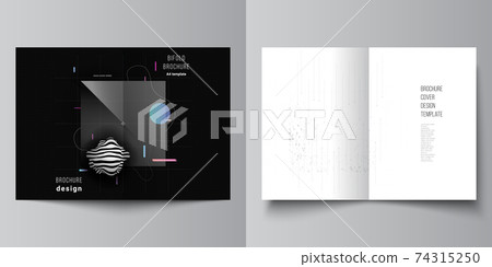 Vector layout of two A4 cover mockups templates for bifold brochure, flyer, cover design, book design. Abstract technology black color science background. Digital data. Minimalist high tech concept. 74315250