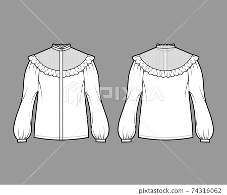 Prairie blouse technical fashion illustration with bouffant long sleeves, stand collar, ruffle yoke, cuff hide button up Prairie blouse technical fashion illustration with bouffant long sleeves, stand collar, ruffle yoke, cuff hide button up 74316062