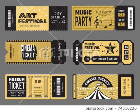 Event tickets. Entrance entertainment tickets to theatre cinema kids party soccer music concert recent vector design templates collection Event tickets. Entrance entertainment tickets to theatre cinema kids party soccer music concert recent vector design templates collection 74316220