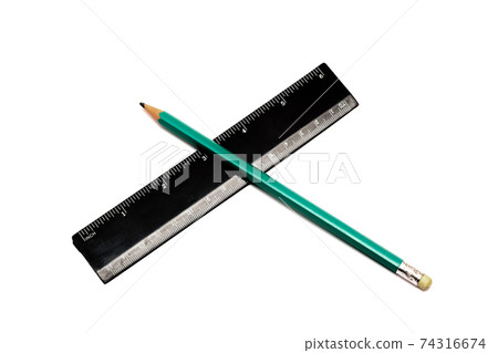 Pencil and black ruler isolated on white background 74316674