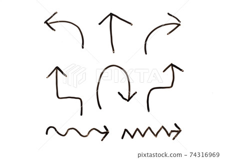 Set of black handdrawing in multiple shape of arrow symbol on white background Set of black handdrawing in multiple shape of arrow symbol on white background 74316969