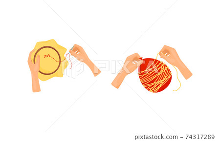 Hands Tambouring or Crocheting as Handmade Craft Vector Set Hands Tambouring or Crocheting as Handmade Craft Vector Set 74317289