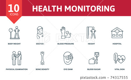 Health Monitoring icon set. Collection contain hospital, doctor, blood pressure, body weight and over icons. Health Monitoring elements set 74317555