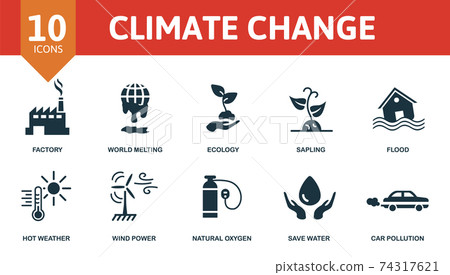 Climate Change icon set. Collection contain sapling, ecology, world melting, flood and over icons. Climate Change elements set Climate Change icon set. Collection contain sapling, ecology, world melting, flood and over icons. Climate Change elements set 74317621