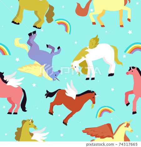 Seamless pattern with winged unicorns, stars and rainbows a vector illustration. 74317665