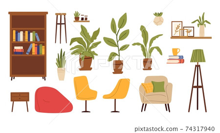 Living room furniture. Scandinavian furnitures, plants in pot, chairs and shelves with book. Isolated flat bookcase, scandi home accessories vector set 74317940