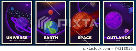 Planets banners. Space poster, magazine cover with galaxy or universe. Future exploring, cartoon planet and asteroid recent vector brochure Planets banners. Space poster, magazine cover with galaxy or universe. Future exploring, cartoon planet and asteroid recent vector brochure 74318036