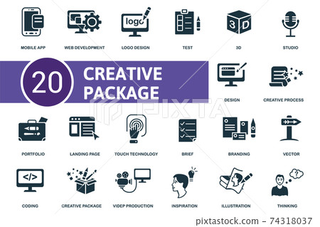 Creative Package icon set. Collection contain brief, inspiration, test, vector and over icons. Creative Package elements set. 74318037