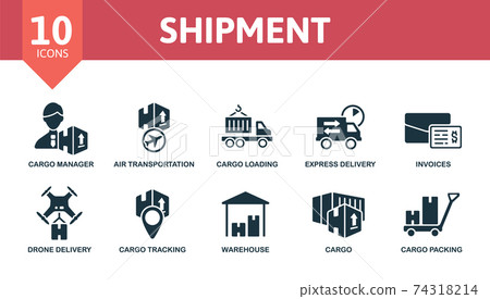 Shipment icon set. Collection contain storage, express delivery, cargo manager, cargo loading, air transportation and over icons. Shipment elements set. Shipment icon set. Collection contain storage, express delivery, cargo manager, cargo loading, air transportation and over icons. Shipment elements set. 74318214