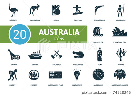 Australia icon set. Collection contain kangaroo, koala, boomerang, opera, australia and over icons. Australia elements set Australia icon set. Collection contain kangaroo, koala, boomerang, opera, australia and over icons. Australia elements set 74318246
