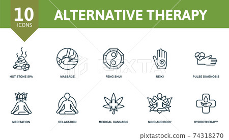 Alternative therapy icon set. Collection contain reiki, pulse, diagnosis, feng, shui, hot, stone, spa, massage, mind, body, hydrotherapy, relaxation and over icons. Alternative therapy elements set Alternative therapy icon set. Collection contain reiki, pulse, diagnosis, feng, shui, hot, stone, spa, massage, mind, body, hydrotherapy, relaxation and over icons. Alternative therapy elements set 74318270