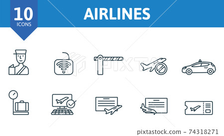 Airlines icon set. Collection contain takeoff, landing, around the world, parking, paid, parking, airport, tower, runway, helicopter, airplane, seat, baggage and over icons. Airlines elements set Airlines icon set. Collection contain takeoff, landing, around the world, parking, paid, parking, airport, tower, runway, helicopter, airplane, seat, baggage and over icons. Airlines elements set 74318271