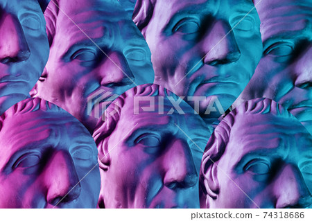 Background. Collage with plaster antique sculpture of human face in a pop art style. Modern creative concept image with ancient statue head. Funky minimalism. Zine culture. Contemporary art texture. 74318686