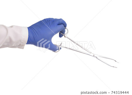 Doctor in a medical glove holds a surgical scissors on a white background, isolate. Close-up 74319444