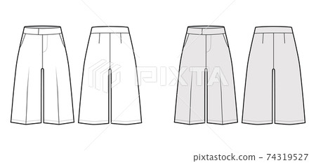 Short Bermuda dress pants technical fashion illustration with knee length, normal waist, high rise, slashed pocket. Short Bermuda dress pants technical fashion illustration with knee length, normal waist, high rise, slashed pocket. 74319527