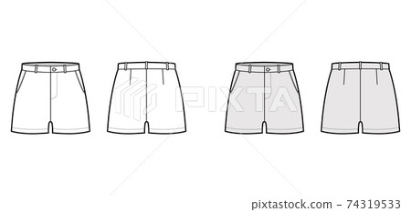Short pants technical fashion illustration with mid-thigh length, low waist, rise, slashed pocket. Flat bottom apparel  74319533