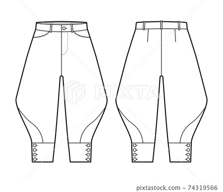 Riding breeches short pants technical fashion illustration with knee length, low waist, rise, curved pocket, buttoned. Riding breeches short pants technical fashion illustration with knee length, low waist, rise, curved pocket, buttoned. 74319566