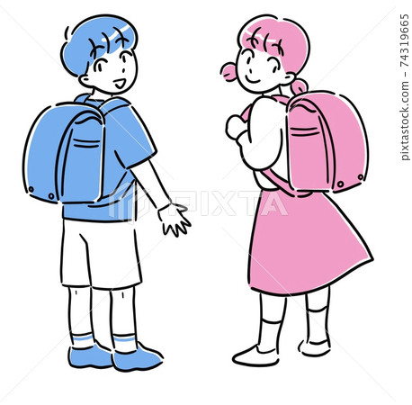 Boys and girls turning around with school bags on their backs 74319665