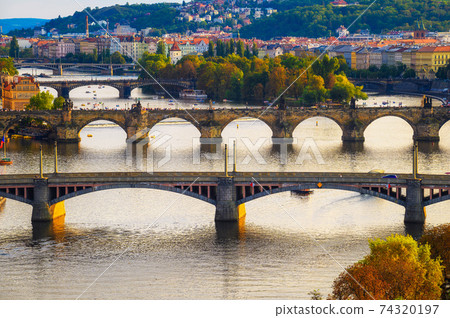 Vltava river with historic bridges in Prague 74320197