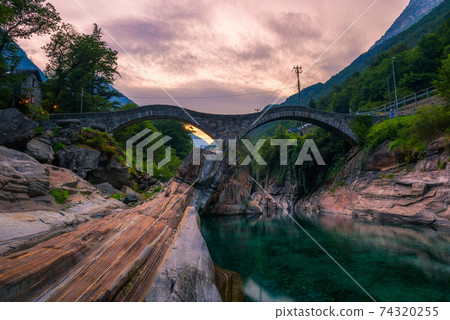Double arch stone bridge in Lavertezzo, Switzerland 74320255
