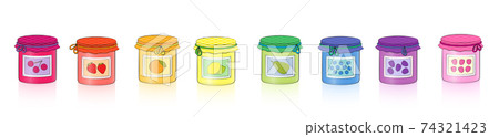 Homemade jam in jars. Rainbow colored collection of reduced fruits in screw glasses. Cherry, strawberry, orange, lemon, pear, blueberries, plums, blackberries and raspberries. Comic style vector. 74321423