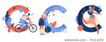 C for cycling, croquet and contemporary dancing. Vector collection with young women training in front of capital letters C C for cycling, croquet and contemporary dancing. Vector collection with young women training in front of capital letters C 74321859