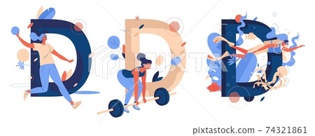 Sport letter D collection with women training deadlifting, diving and dodgeball. Capital characters and young women active and happy Sport letter D collection with women training deadlifting, diving and dodgeball. Capital characters and young women active and happy 74321861
