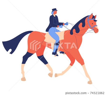 Equestrian dressage woman concept illustration. Sport cartoon scene with horse and girl isolated on white Equestrian dressage woman concept illustration. Sport cartoon scene with horse and girl isolated on white 74321862