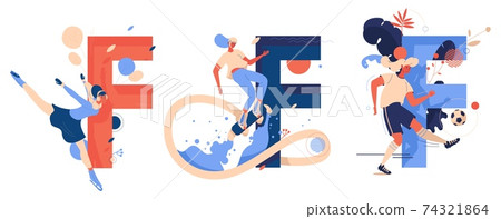 Vector collection with letters F for figure skating, flyboarding and football. Women being active and happy while training activities isolated on white 74321864