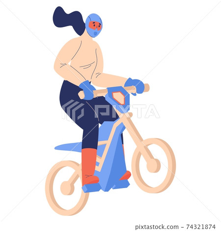 Woman on off road motorcycle jumping isolated on white. Character in helmet and gloves 74321874