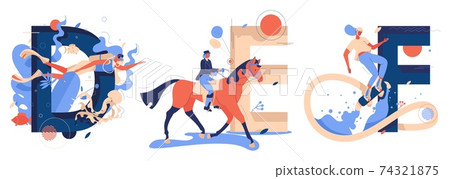 Vector collection with capital letters D for diving, D for equestrian and F for flyboarding sport. Women riding horse, swims underwater, flies under the sea drawn in blue and orange Vector collection with capital letters D for diving, D for equestrian and F for flyboarding sport. Women riding horse, swims underwater, flies under the sea drawn in blue and orange 74321875