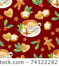Christmas seamless watercolor pattern. Tasty set of Christmas drinks and sweets.  74322282
